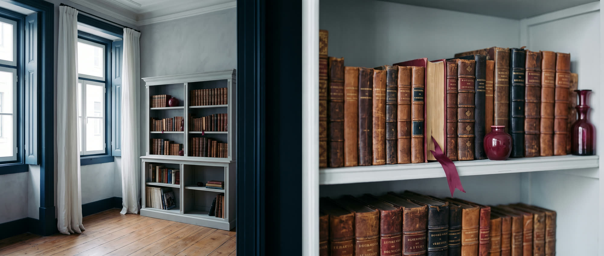 Lombadas de livros antigos numa estante pintada, com um marcador vinho
